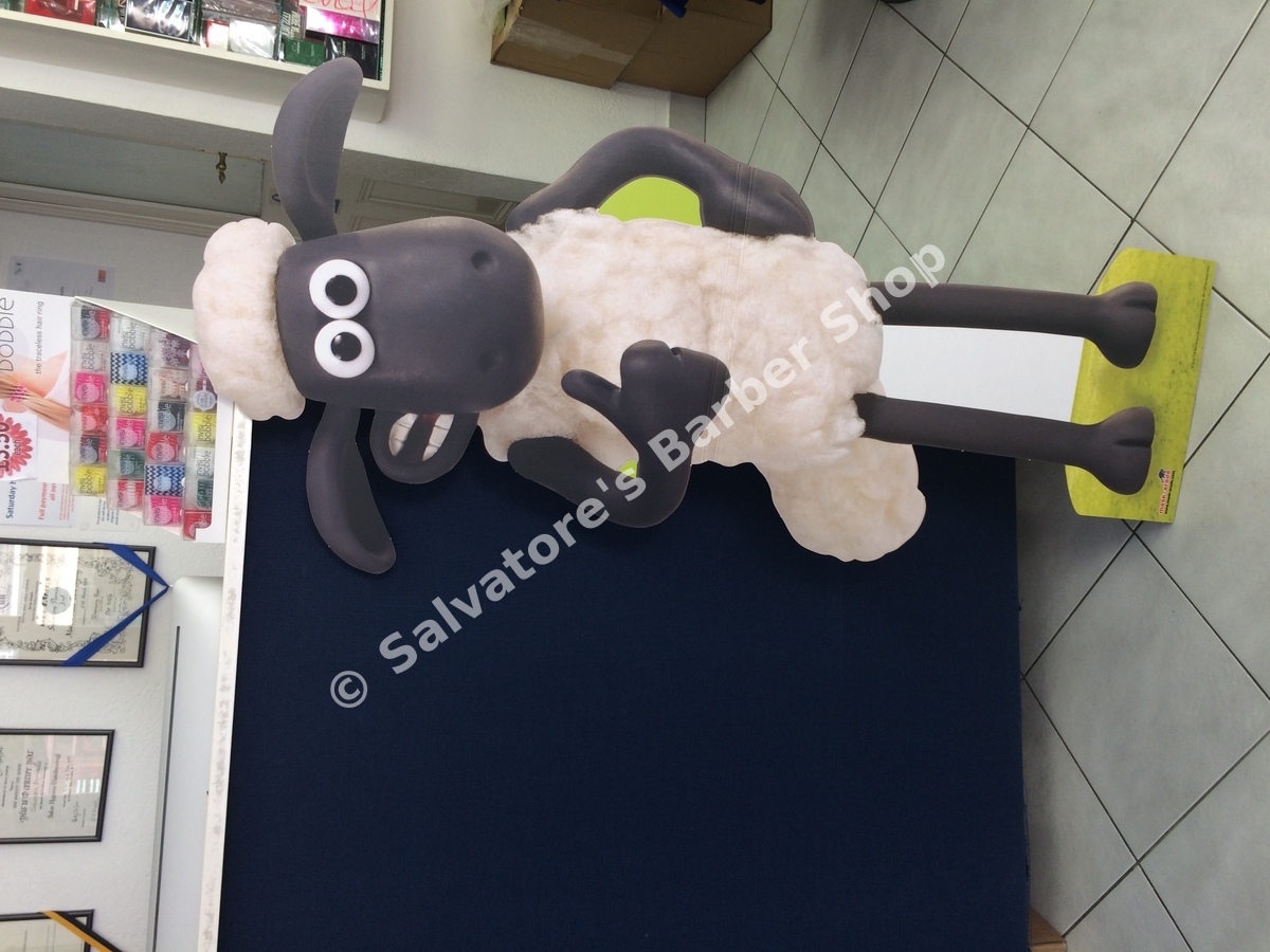 Groovy Baby! Shaun the Sheep sculpture inside Salvatore's Barber Shop
