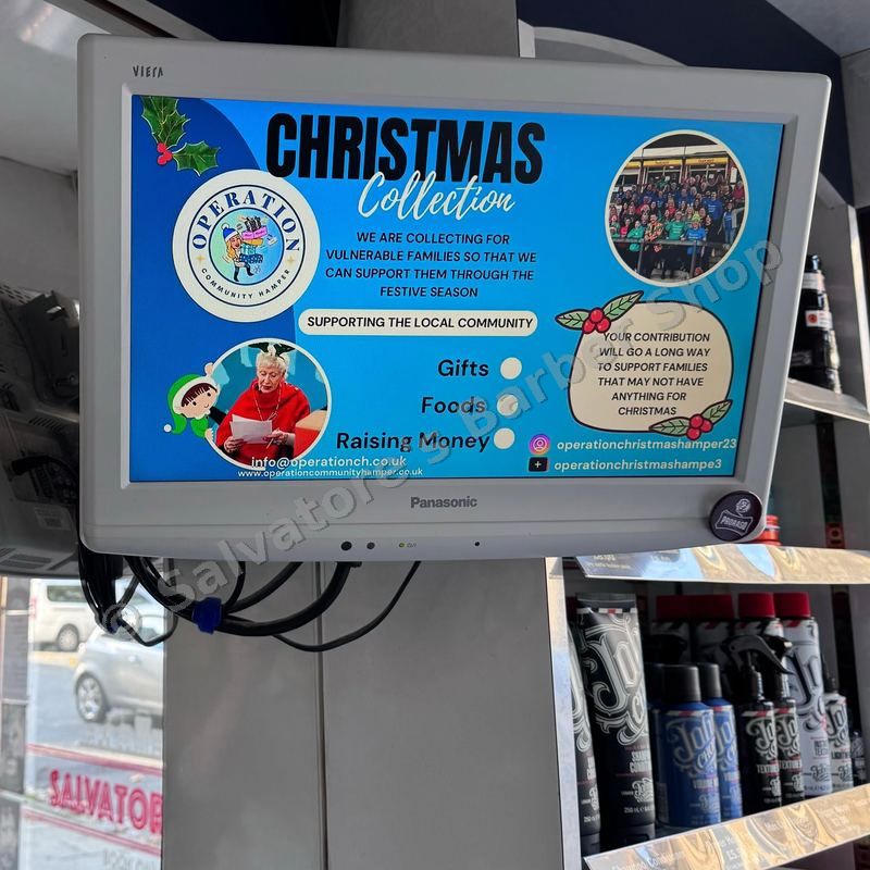 Operation Christmas Hamper 2024 — displayed in Salvatore's Barber Shop