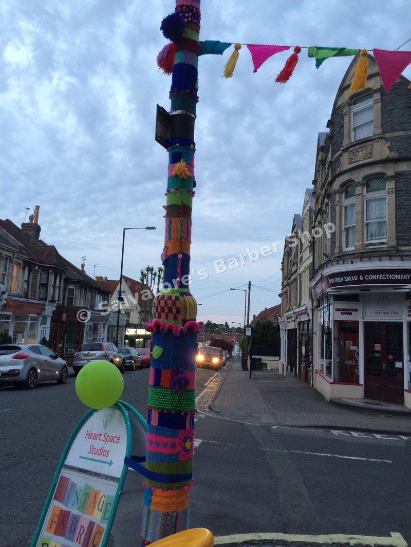 Yarn bombed lamppost outside The Split Tin Bakery, Coldharbour Road, Westbury Park, 2014
